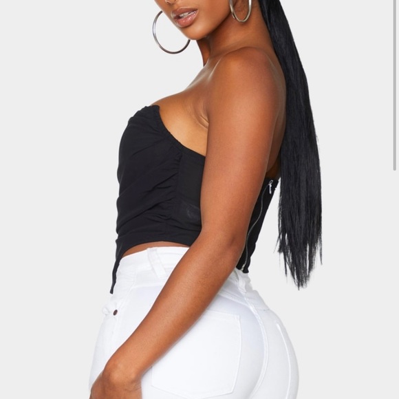 Black Chiffon Ruched Corset Crop Top - Picture 3 of 7